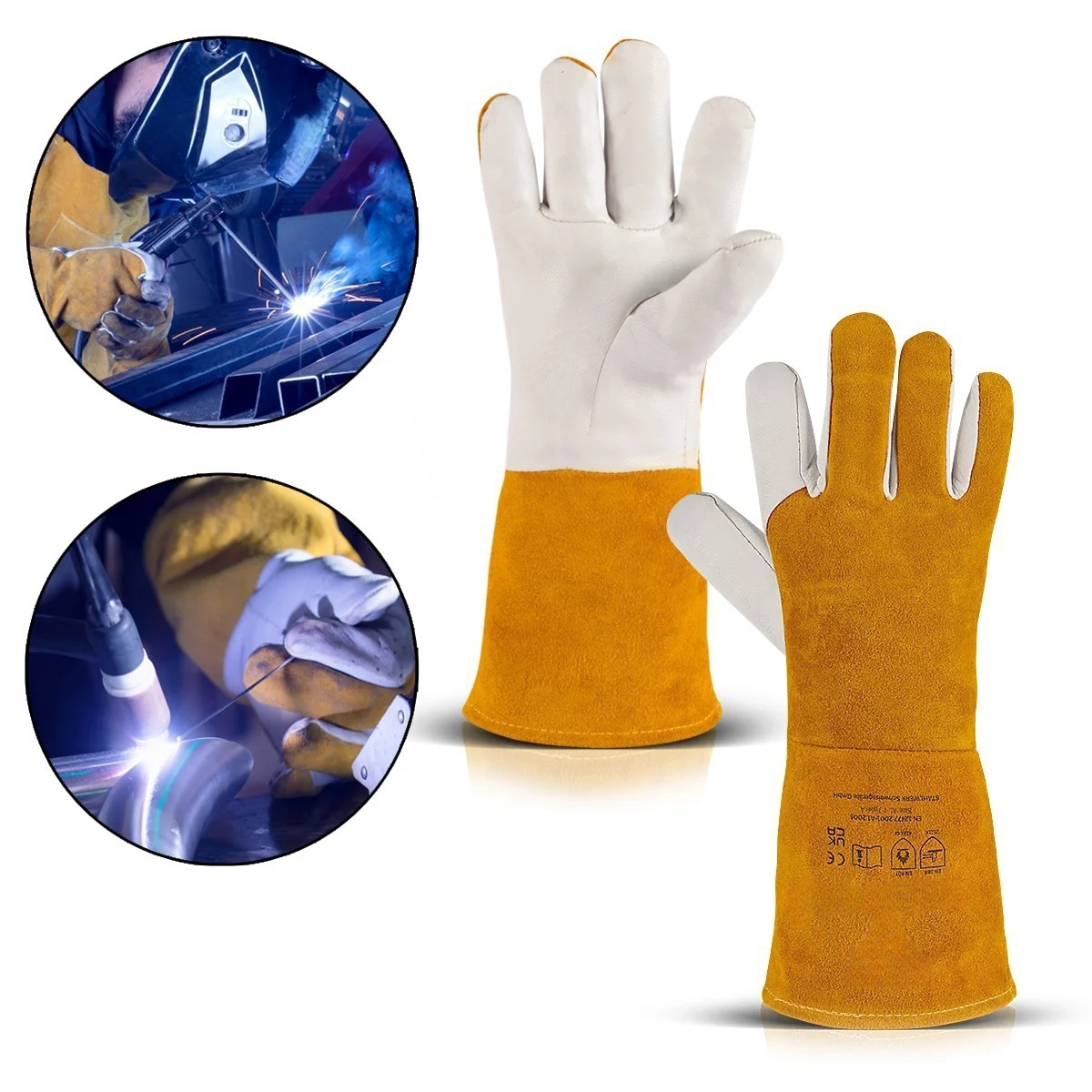Vicky welding gloves protective gloves work gloves robust genuine leather heat and fire resistant, white yellow, suitable for TIG TIG MIG MAG MMA plasma