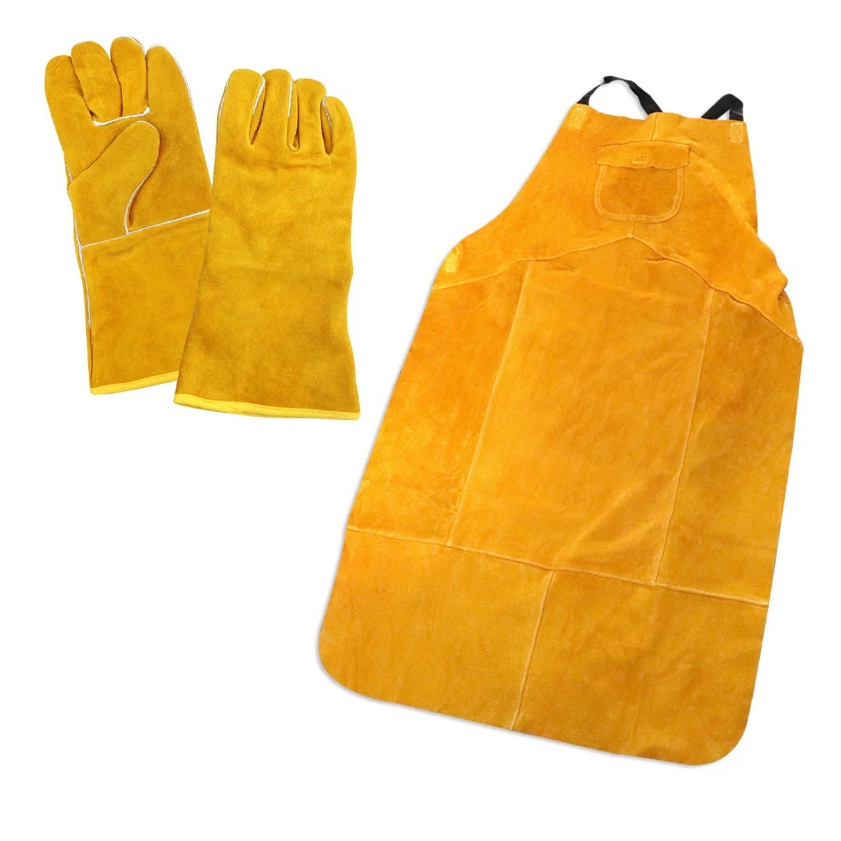 Vicky protective clothing set consisting of welding apron and welding gloves made of heat-resistant and hard-wearing genuine leather, high thermal and mechanical strength